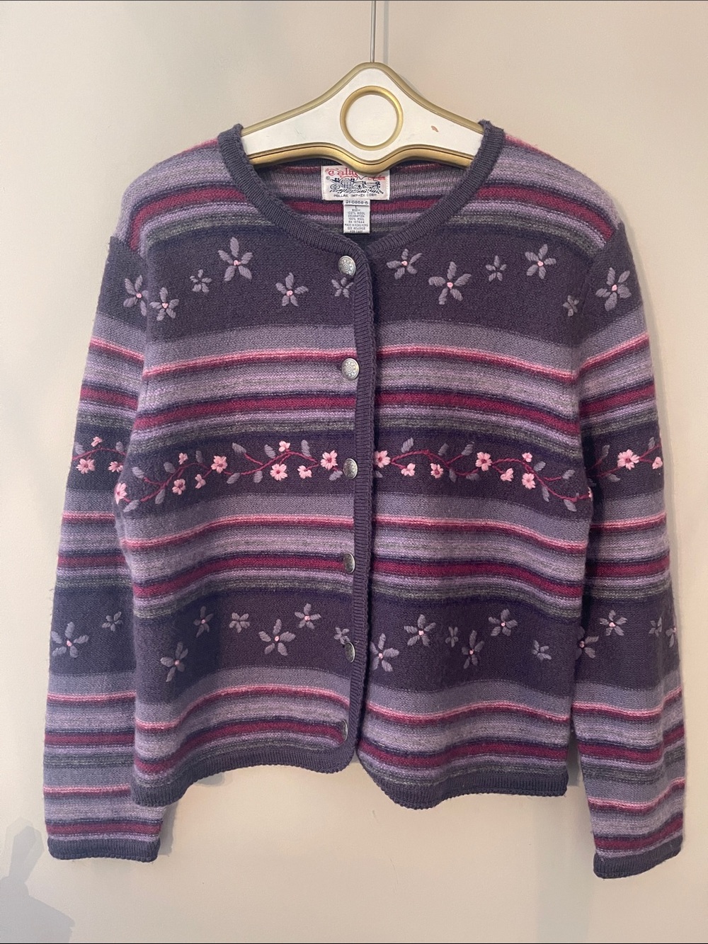Vintage Tally-Ho Wool Fair Isle Knit Cardigan Sweater Size Large Purple & Pink